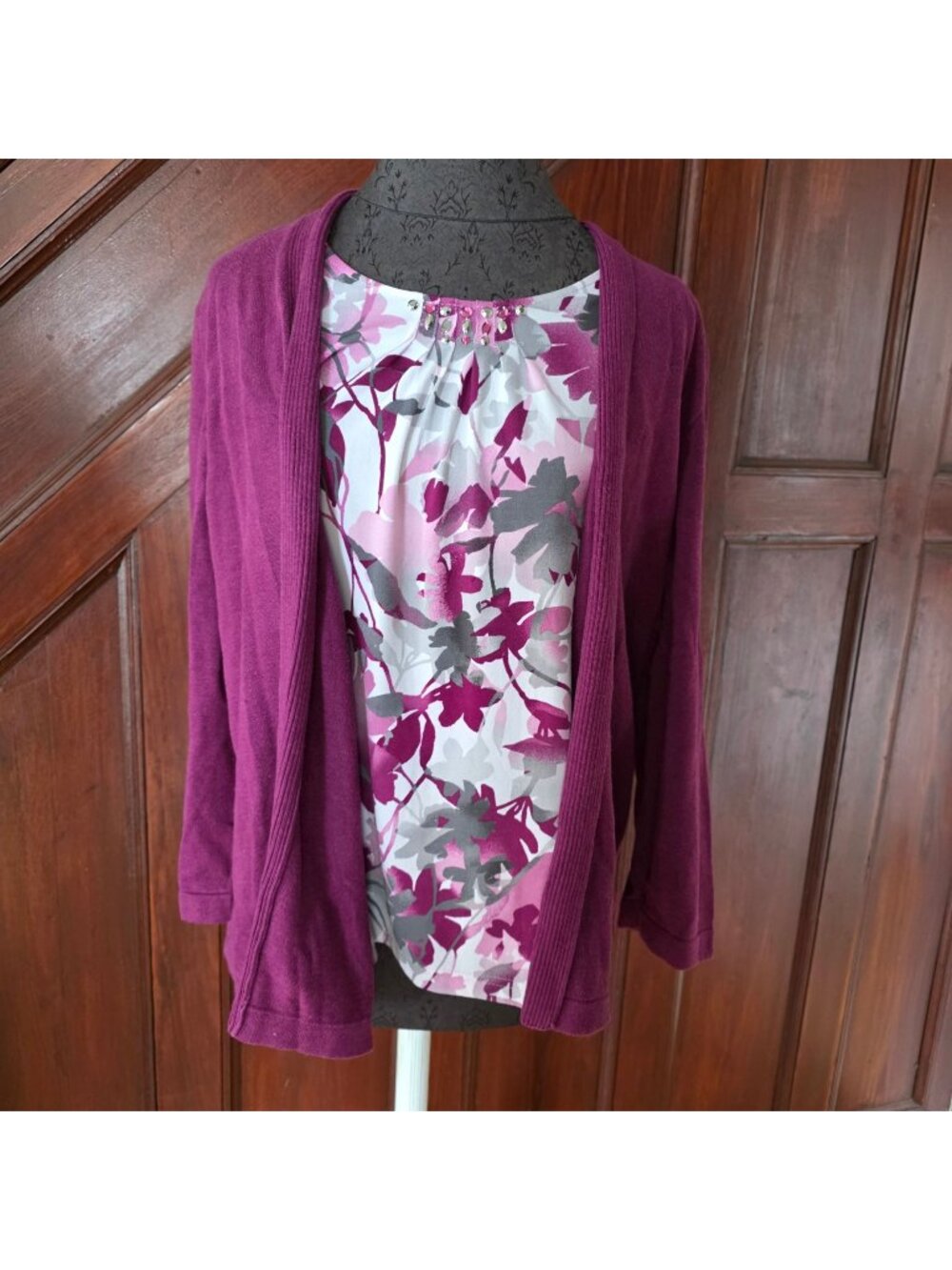 Alfred Dunner Womens Purple Cardigan Floral Blouse Insert Embellished Neck XL